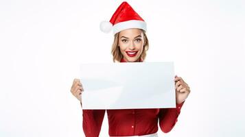 AI generated Female model in christmas hat, setting holding a blank sign copy space photo
