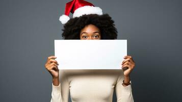 AI generated Female model in christmas hat, setting holding a blank sign copy space photo