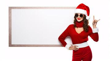 AI generated Female model in christmas hat, setting holding a blank sign copy space photo