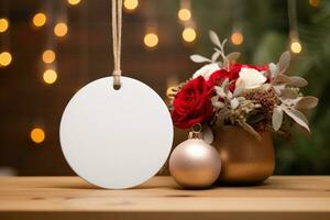 White round ceramic element with string hangs on Christmas tree. Generative AI photo