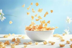 Tasty crispy corn flakes falling into white bowl. Food concept on light sunny background. Generative AI photo