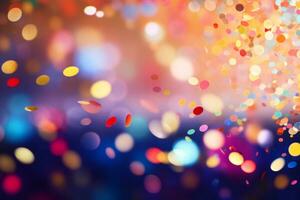 Confetti in front of colorful background with bokeh for carnival. Generative AI photo