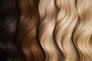 Set of different long shiny hair color. Hair texture background. Generative AI photo