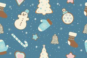 Winter seamless patterns with gingerbread cookies. Awesome holiday vector background. Christmas repeating texture for surface design, wallpapers, fabrics, wrapping paper etc. Vector illustration