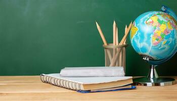 globe, pencil, pen and book on a green blackboard background and empty space on left side photo