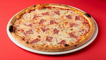 Pizza positioned on the left with a red and black background Ai Generate photo