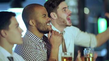 hombres aficionados acecho fútbol americano en televisión y bebida cerveza video