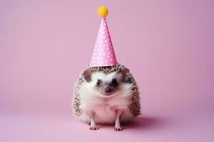 Hedgehog in party cone hat on pastel background. Creative animal concept. Generative AI photo