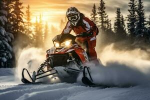 Snowmobile riding in deep snow powder during backcountry tour. Outdoor activity during winter holiday on ski mountain resort. Generative AI photo