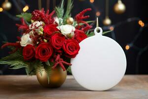 White round ceramic element with string hangs on Christmas tree. Generative AI photo