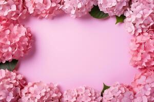 Hydrangea flower frame on pink background. Generative AI photo