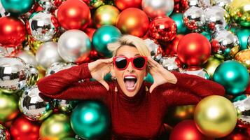 AI generated People with christmas party elements and decorations in christmas cloths photo