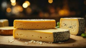 Close-up high-resolution image of a large piece of homemade cheese on the table. AI Generated. AI Generative. photo