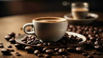 Close-up high-resolution image of a delightful cup of coffee and coffee beans. AI Generated. AI Generative. photo
