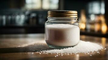 Close-up high-resolution image of fresh and natural salt in a glass jar. AI Generated. AI Generative. photo