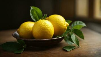 Close-up high-resolution image of fresh and juicy lemon fruit on the table. AI Generated. AI Generative. photo