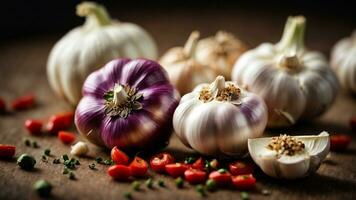 Close-up high-resolution image of natural and organic garlic, onion, and spices. AI Generated. AI Generative. photo