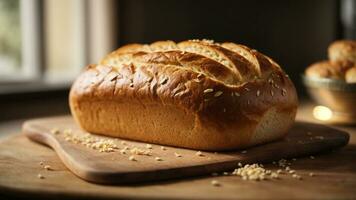 Close-up high-resolution image of a delicious loaf of bread on the table. AI Generated. AI Generative. photo
