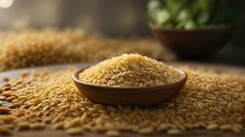 Close-up high-resolution image of fresh and natural wheat grains on the table. AI Generated. AI Generative. photo