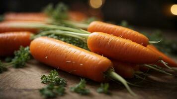 Close-up high-resolution image of fresh and natural carrots on the table. AI Generated. AI Generative. photo
