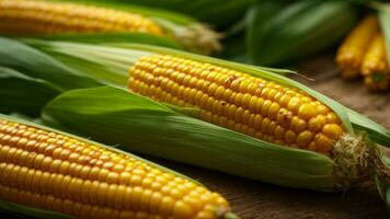 Close-up high-resolution image of fresh and natural corn on the table. AI Generated. AI Generative. photo