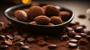 Close-up high-resolution image of a fresh and natural cocoa beans and powder. AI Generated. AI Generative. photo