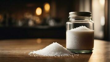 Close-up high-resolution image of fresh and natural salt on the table. AI Generated. AI Generative. photo