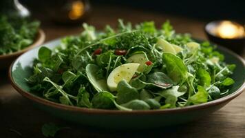 Close-up high-resolution image of a fresh green salad with lime and spices. AI Generated. AI Generative. photo