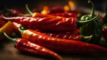 Close-up high-resolution image of spicy chili peppers on the table. AI Generated. AI Generative. photo
