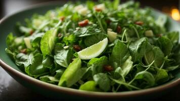 Close-up high-resolution image of a delicious green salad with lime. AI Generated. AI Generative. photo