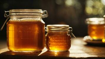 Close-up high-resolution image of two jars of fresh and natural honey. AI Generated. AI Generative. photo