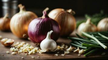 Close-up high-resolution image of fresh and natural garlic, shallot, and onion. AI Generated. AI Generative. photo