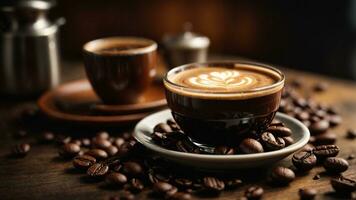 Close-up high-resolution image of fresh hot coffee and coffee beans. AI Generated. AI Generative. photo
