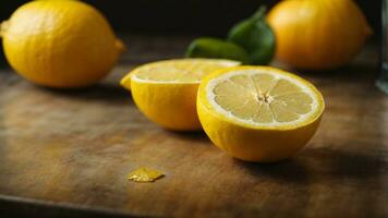 Close-up high-resolution image of fresh lemon slices on the table. AI Generated. AI Generative. photo
