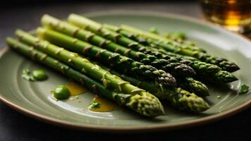 Close-up high-resolution image of tasty asparagus dish with olive oil. AI Generated. AI Generative. photo