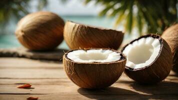 Close-up high-resolution image of fresh coconut fruits. AI Generated. AI Generative. photo