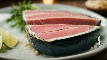 Close-up high-resolution image of fresh tuna meat sashimi with lime slice. AI Generated. AI Generative. photo