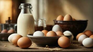 Close-up high-resolution image a bottle of milk and a bucket of eggs. AI Generated. AI Generative. photo