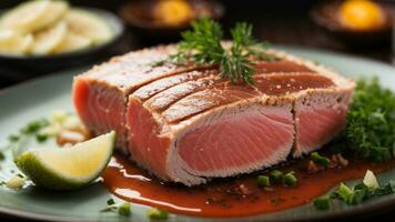 de cerca alta resolución imagen de Fresco atún carne sashimi. ai generado. ai generativo. foto
