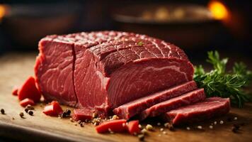 Close-up high-resolution image of perfectly cut beef meat. AI Generated. AI Generative. photo