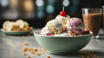 A bowl of ice cream with multiple flavors. AI Generated. AI Generative. photo