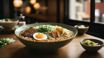 A bowl of tasty ramen with egg, meat, and vegetable. AI Generated. AI Generative. photo