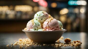 Delicious ice cream in a bowl with crumbs on the table. AI Generated. AI Generative. photo