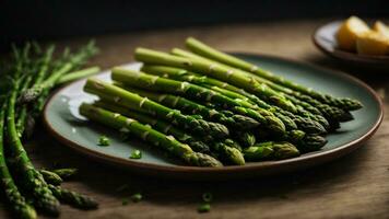 Close-up high-resolution image of raw asparagus on a plate. AI Generated. AI Generative. photo