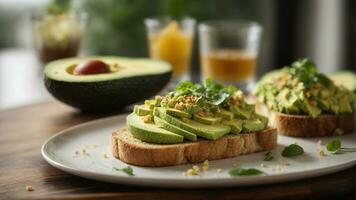 Close-up high-resolution image of healthy avocado toast for breakfast. AI Generated. AI Generative. photo