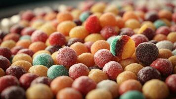 A pile of colorful candy balls and jellybeans on a table. AI Generated. AI Generative. photo