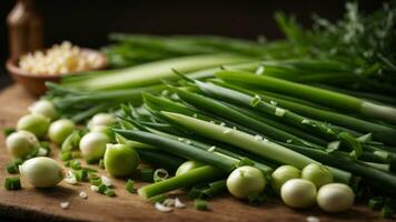 Close-up high-resolution image of sliced spring onion. AI Generated. AI Generative. photo