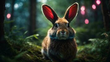 un cerca arriba alto resolución imagen de un linda Conejo en mágico bosque. ai generado. ai generativo. foto