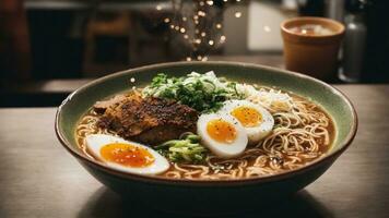 un delicioso ramen con huevo y carne. ai generado. ai generativo. foto