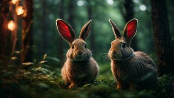 A close up high resolution image of two cute rabbits in magical forest. AI Generated. AI Generative. photo